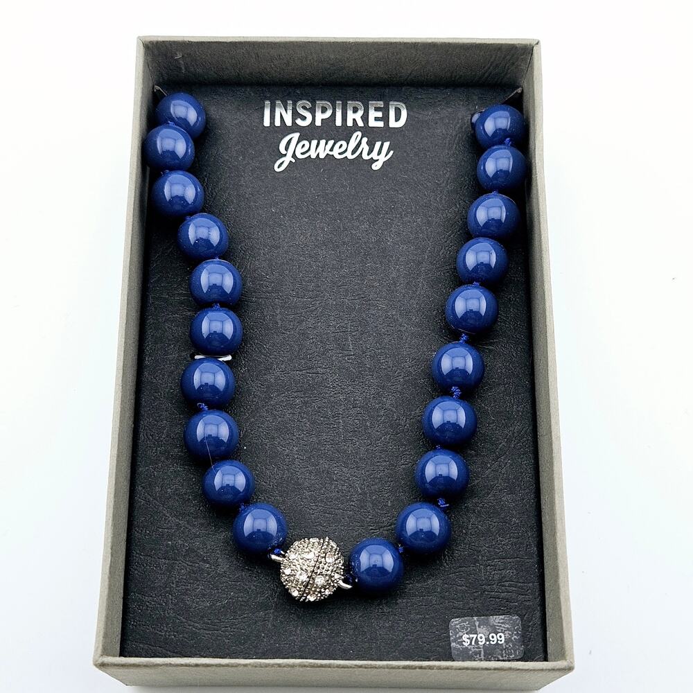 Chunky Navy Blue Bead Necklace Round Stone Silver Stardust Center Magnetic Clasp